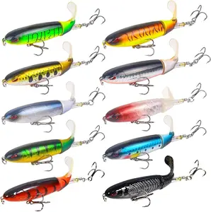 10Pcs Fishing Lure for Bass Popper Top Water Lures with Floating Rotating Tail Barb Treble Hooks in Saltwater Freshwater Plopping Lures Kit 9cm 13g Multi-Color Reflective Finish for Musky Pike Bass Aspius Yellow Perch