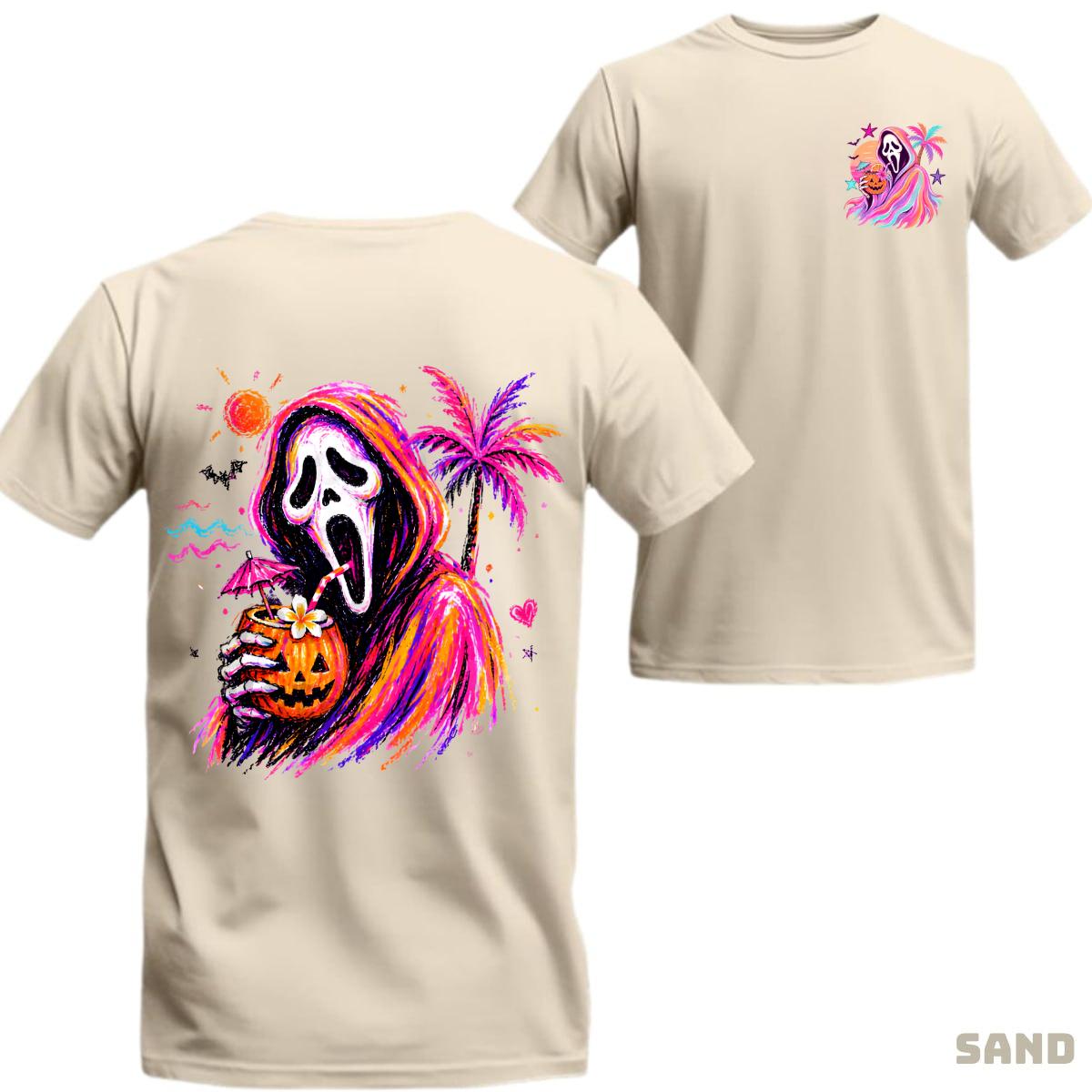 Tropical Halloween Ghost T-Shirt, Neon Spooky Summer Graphic Tee, Pumpkin Drink Ghost Shirt, Beach Halloween Vacation Outfit, Pink Palm Tree Horror Art Tee, Retro Coastal Halloween Design, Cute Spooky Season Gift, Unisex Fall Apparel