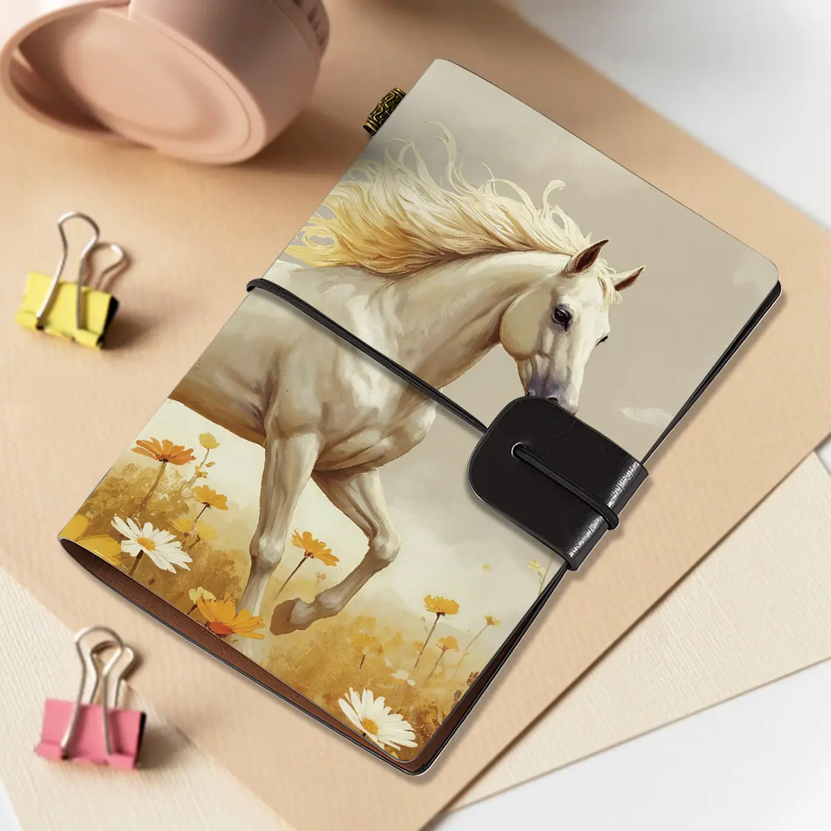 1pc Short Pocket Subject Notebook A7 Size 5.5x3.7 Inches, White Horse Galloping in Field Design Ideal Gift for Thanksgiving, Christmas and Birthday