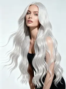 Silver Wavy Wigs 13x4 Lace Front Wigs Pre-Plucked Hairline Synthetic Wig Grey Silver Concert Look Wavy Wig Coachella Festival Look Lace Frontal Wigs for Women Party Cosplay Stage 28 Inch Synthetic Material Wigs