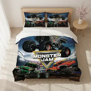 3pcs Monster Truck Race Bedding Set, Decorative Bedding Set, Minimalist Fashion, Comfortable, Holiday Gift Idea, Christmas Friday, 1 Fitted Sheet + 2 Pillowcases