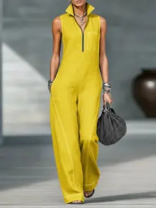 2026 New Arrival Women's Stand Collar Sleeveless Casual Loose Linen Jumpsuit, European & American Style, Comfortable and Stylish