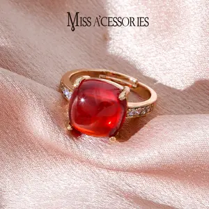 Cushion Cut Red Crystal Ring | Trendy Adjustable Red Gem Ring  | Luxury Red Crystal Statement Ring | Timeless Evening Wear Jewelry | Anniversary Jewelry: Gold Tone Red Gem Cushion Cut Ring