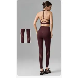 Mesh yoga pants with no T-line pockets, women's fitness yoga wear, anti-curling, butt-lifting sports leggings