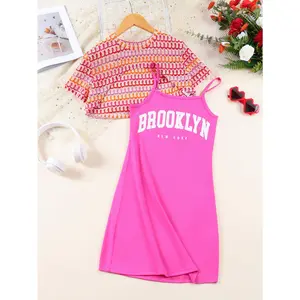 Ready Stock Kid Girls Summer Clothes Letter Print Spaghetti Strap Dress & Crochet Crop Top Set 2-Piece Outfit (8-12Y,Rose Red) S2025