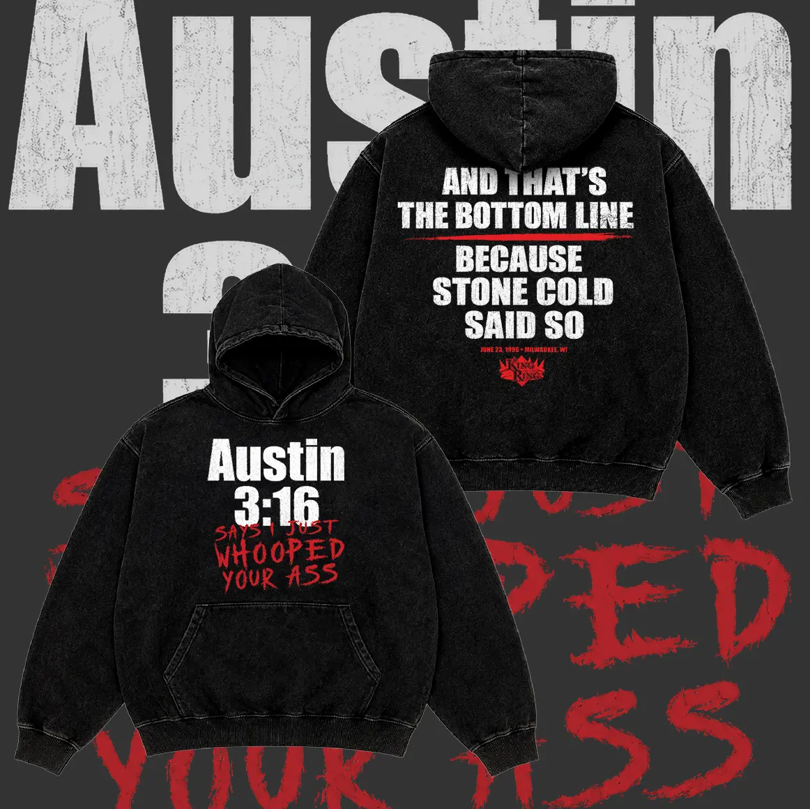 Men's WWE Stone Cold Steve Austin Vintage Washed Oversized Ribbed Pullover Hoodie Top, Double-Sided Wrestling Graphic Fan Garment, Long-Sleeve Sweatshirt with Kangaroo Pocket, Premium Fabric