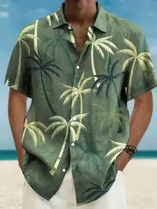 Men's Summer Tropical Hawaiian Shirt, Gradient Coconut Tree Graphic Print, Casual Short Sleeve Button Down, Slim Fit Blouse, Rainbow Colors