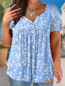 【plus Size】 All Over Print Button Tee, Casual Fitted Short Sleeve Round Neck T-shirt for Summer, Women's Plus Clothing for Daily Wear, Womenswear, Casual Breathable Top