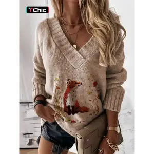 Women's Fox Print Drop Shoulder Sweater, Casual Long Sleeve V Neck Jumper for Fall & Winter, Fashion Ladies' Knitwear for Daily Wear