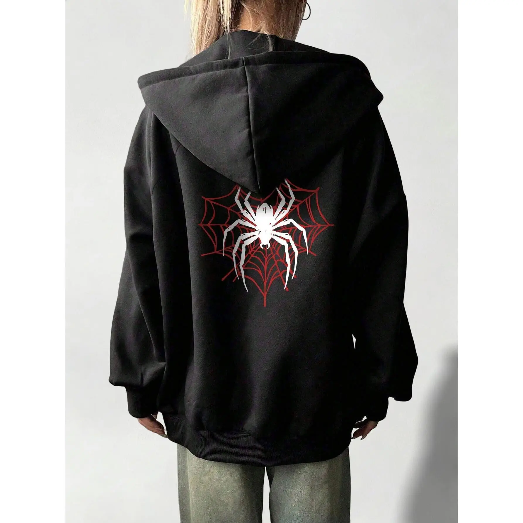 Casual Spider Print with Drop Shoulder Design Hoodie Fleece 
