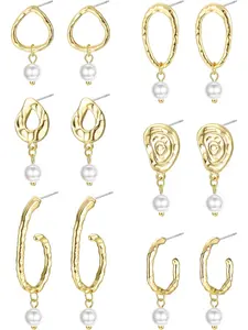 6 Pairs 14K Gold Plated Hoop Earrings with Charms for Women Baroque Pearl Drop Dangle Stud Earrings Lightweight Irregular Statement Earrings Set
