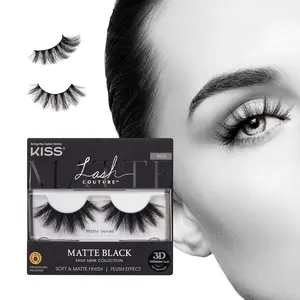 KISS Lash Couture False Eyelashes, Matte Black Faux Mink Collection, 3D Volume Lash, Soft & Matte Finish, Style 'Matte Velvet', 1 Pair Fake Eyelashes