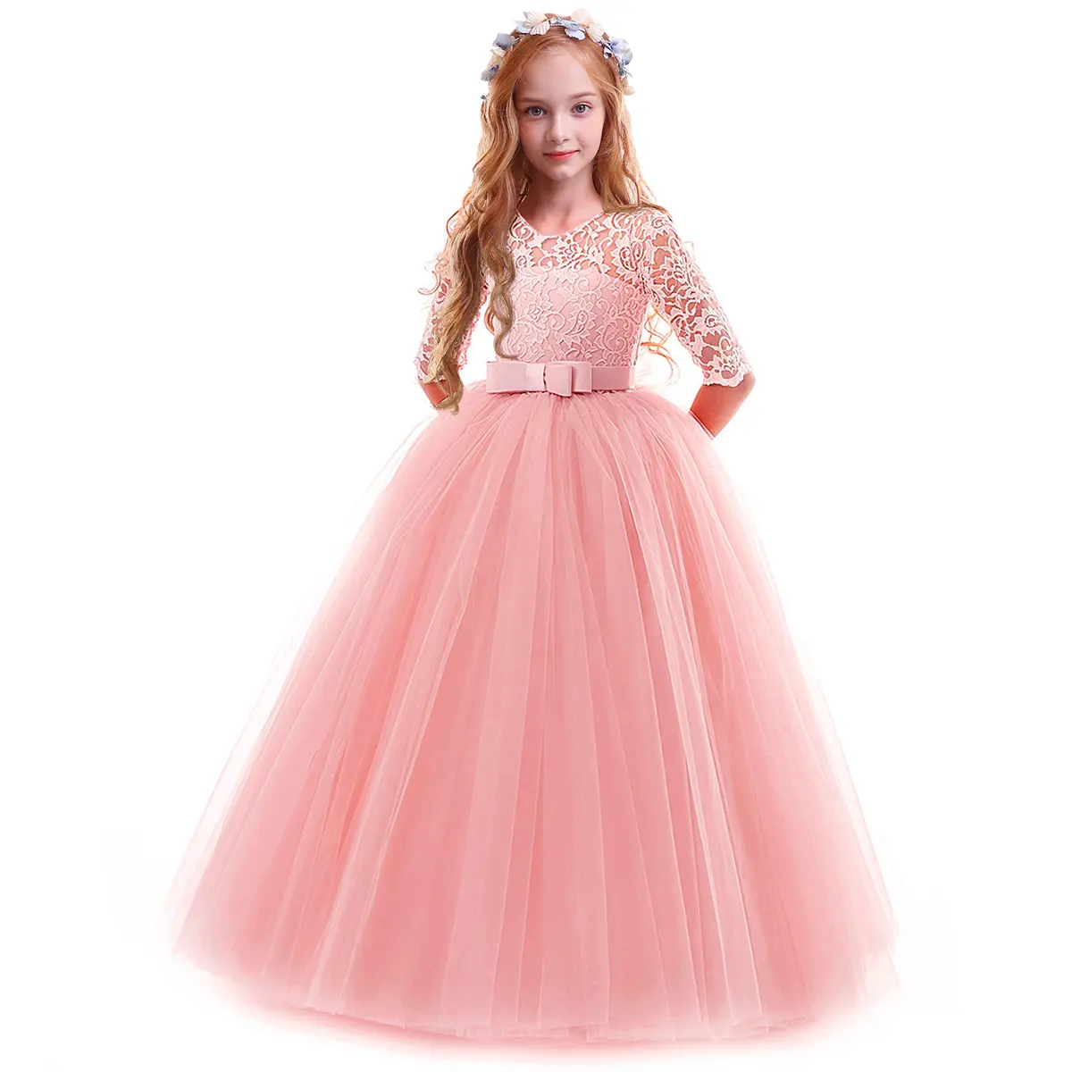 Girls Flower Vintage Floral Lace 3/4 Sleeves Floor Length Dress Wedding Party Evening Formal Pegeant Dance Gown