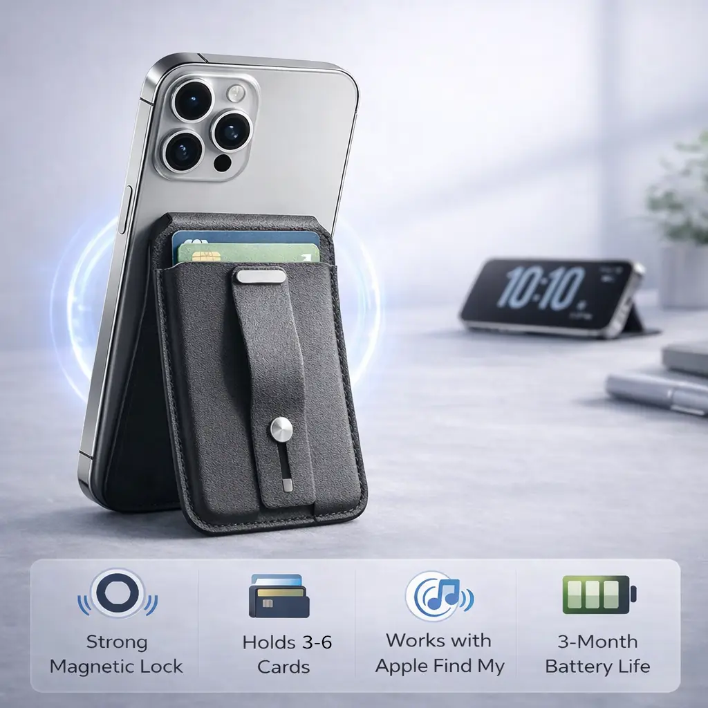 Magnetic Leather MagSafe-Compatible Wallet Stand with Phone Holder Design for iPhone 12 Series & Later, Card Holder with Lithium Battery Built-In Cell, Find My Compatible, Wireless Rechargeable, Secure Grip Ring, Holds 4-6 Cards (Mobile Phone Accessory)