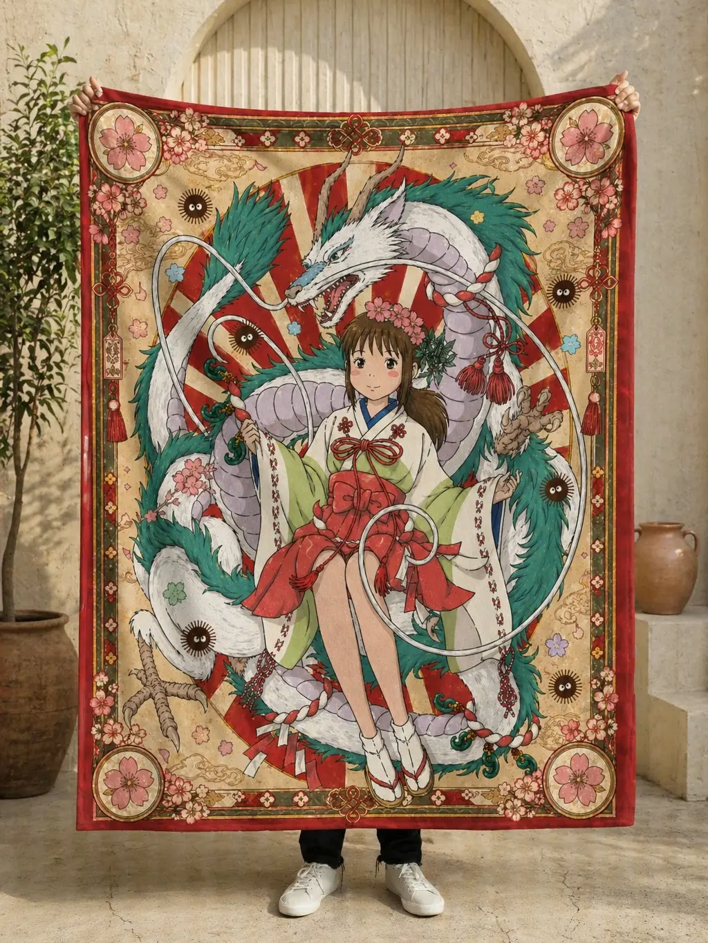 Studio Ghibli Spirited Away Chihiro & Haku Dragon Plush Throw Blanket - Japanese Cherry Blossom,Soot Sprite Border - Ultra Soft Fleece Bedding,Couch Decor for Miyazaki Anime Fans (Dragon Decorative,Flower,Japanese-Themed,Anime Manga Blankets), Dragon Deco