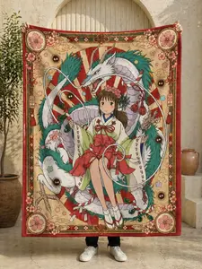 Studio Ghibli Spirited Away Chihiro and Haku Dragon Plush Throw Blanket - Beautiful Japanese Cherry Blossom & Soot Sprite Border Design - Ultra Soft Fleece Cozy Bedding & Couch Decor for Miyazaki Anime Fans