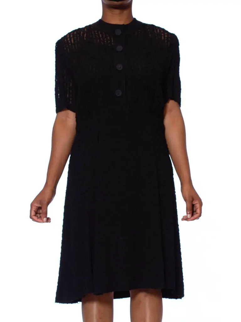 1940S Black Rayon Crepe Stripe Applique Dress With All Over Rope Embroidery