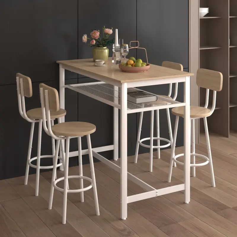 5-Piece Indoor Bistro Bar Table and Chairs Set - Counter Height Kitchen Table with 4 Bar Chairs, Waterproof Space-Saving Apartment Furniture for Family Dinner
