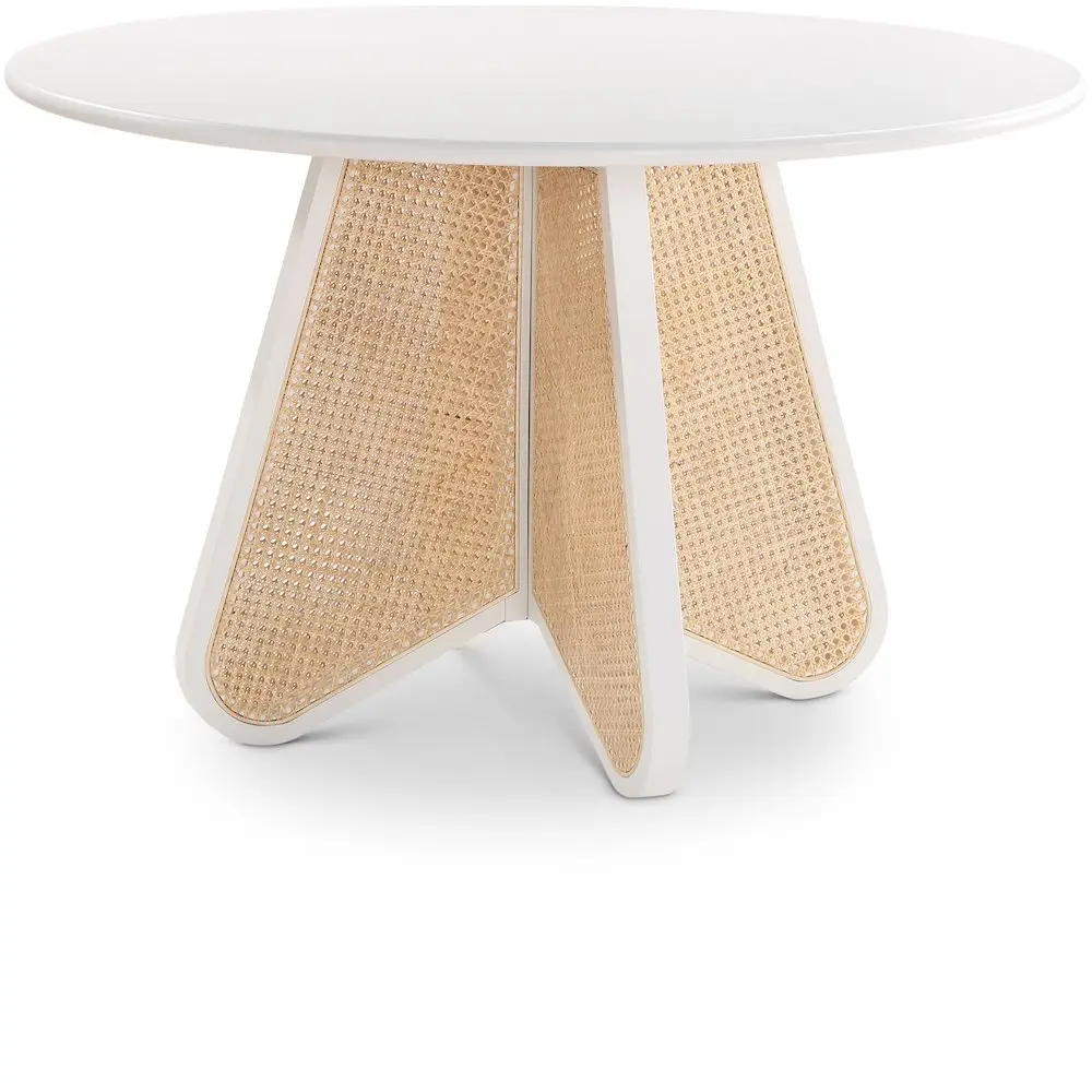 Butterfly White Indoor Dining Table, Mid-Century Design, Natural Cane Accents, Solid Rubber Wood Frame for Dining Space