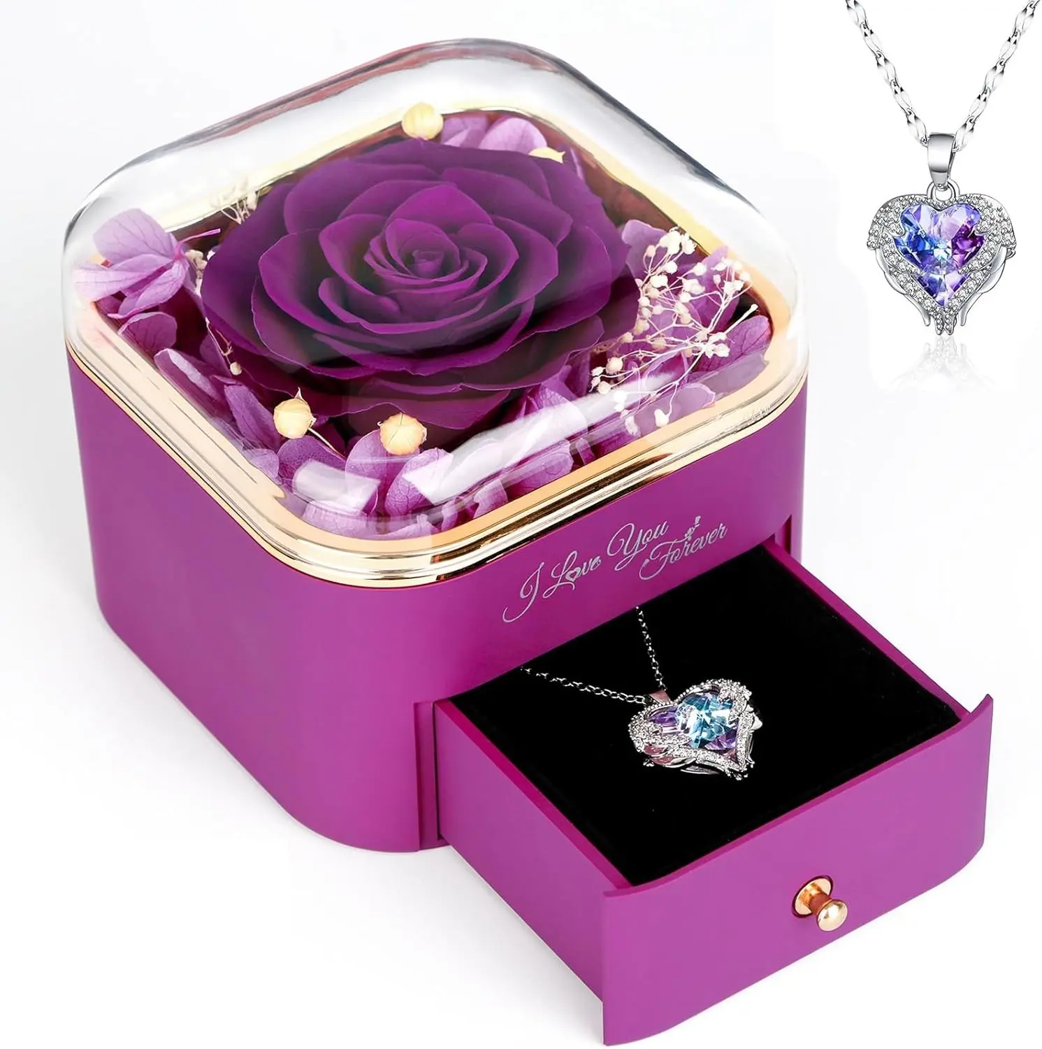 Mother's Day Gifts for Mom Birthday, Preserved Rose with Necklace, Real Purple Forever Rose Gifts for Women, Large 4.3" Eternal Roses Gift for Girlfriend Grandma Wife Mothers Day