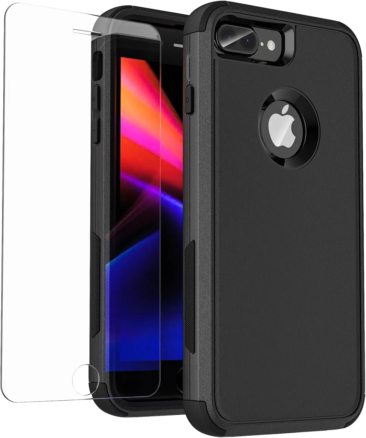 for  7 Plus/ 8 Plus Case with Tempered Glass Screen Protector 3 in 1 Shockproof Hybrid Heavy Duty Protection Hard PC Cover Soft  Bumper Cover Case for  8+/7+ 5.5 inch (Black)
