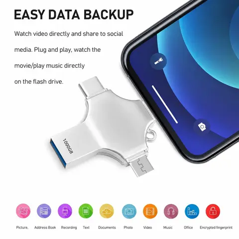 Quriov USB Flash Drive, 4-in-1 OTG Memory Stick, Plug and Play External Storage Compatible with iPhone iPad Android Phones PC, Phone Accessories Portable