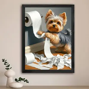 Funny Yorkie Terrier Bathroom Canvas Art, 12x16" - Frameless Wall Decor for Home, Office, Cafe