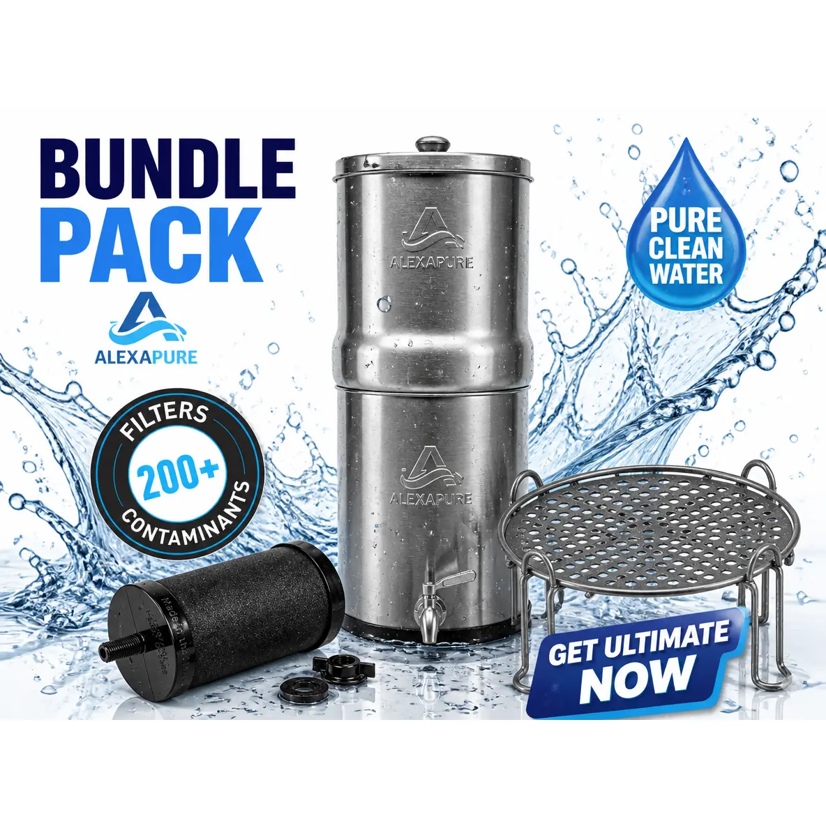 Alexapure Pro Gravity Water Filter System with Stainless Steel Stand