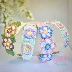 LovelyCrafts by Denise Blossom Bloom Crochet Headband Handmade Boho Hair Accessory with Pastel Flower Patterns