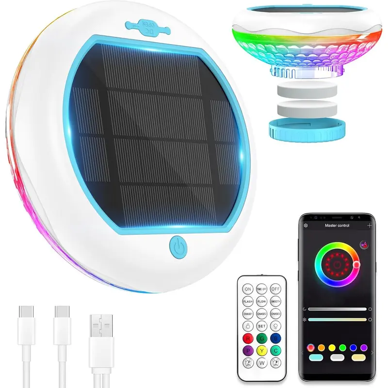 Solar Pool Chlorine Floater with Floating Pool Light, APP-Controlled Lights Adjustable Release Easy-Open Chlorine Floater Dispenser for Pool Large Capacity for 2 Tablets, Pool Lights That Float