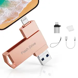 AOBO MFi Certified 512GB Stick 4 in 1 Multi Device High Speed Flash Drive USB 3.0 Memory Storage OTG Flash Pen Drive with Free Type-C Adapter for iPhone/Android/PC and More Devices 256GB Silver Pink
