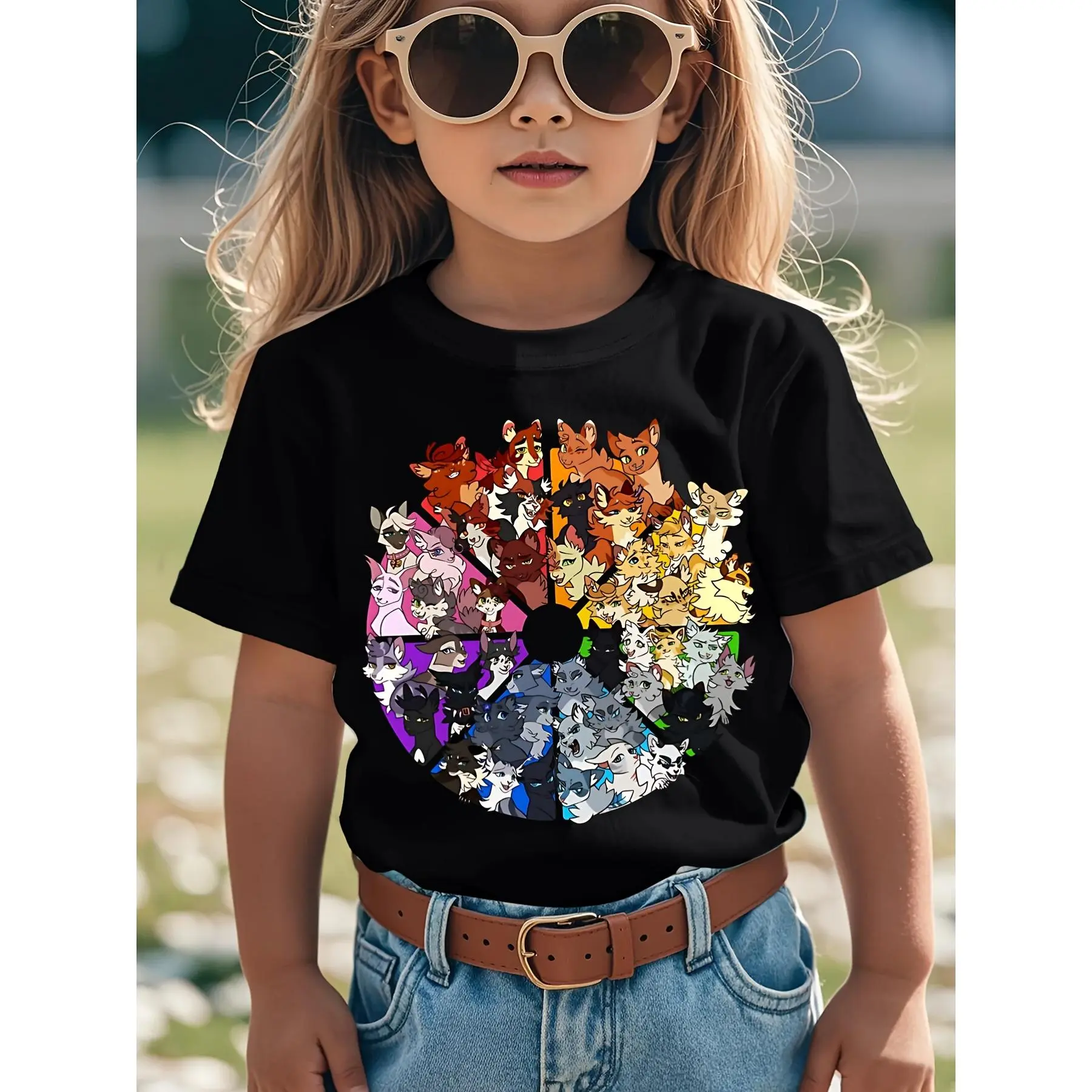 Kids' Cotton Round Neck Graphic T-Shirt - Warrior Cat Prints (ThunderClan/ShadowClan/Fighting Cats), Summer Outdoor Casual Wear, Machine Washable, Character-Themed Colorful Cute Child-Size Girls' Tops, Character-Themed Girls' T-Shirts, Child-Size Girls' T