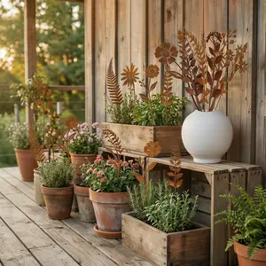 Rustic Metal Flower Artificial Plant Iron Craft Garden Decor, Fake Flowers Arrangement, Rusty Color Ornament for Home & Outdoor