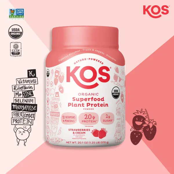 KOS Organic Superfood Plant Protein Powder, Strawberry Cream Flavor, 10 Servings, 20g Protein per Serving