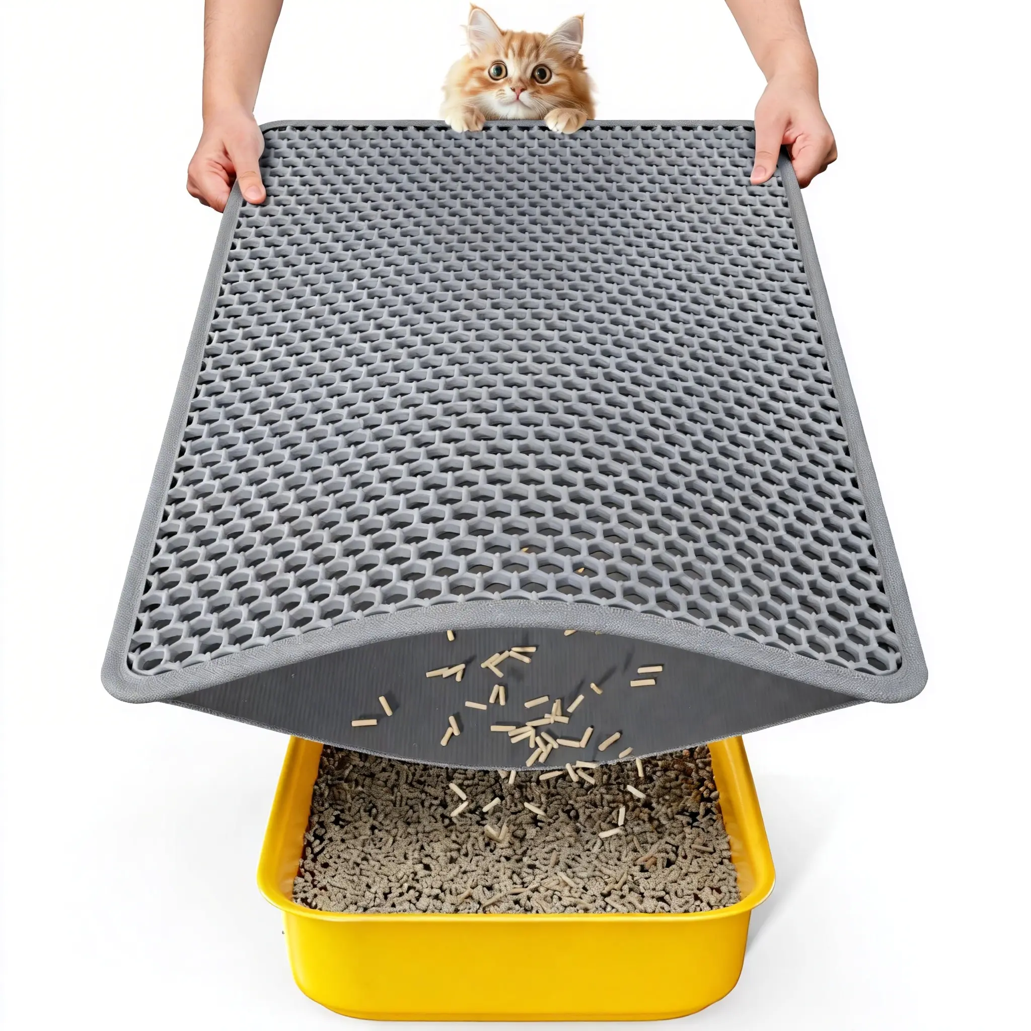 Litter Mat for Cats, Double Layer Litter Trapper, Waterproof Cat Mat, Gray Medium