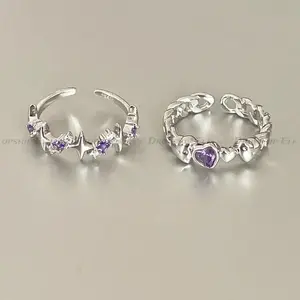 Kpop Pink Zircon Heart Open Ring for Women Girls Luxury Star Heart Couple Finger Rings Wedding Y2K Party Jewelry Gift