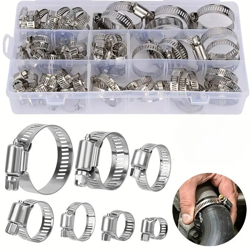 Adjustable Stainless Steel Worm Gear Hose Clamp (60 Counts/set), 8-38mm Range Hose Clamp Set with Storage Box, Suitable for Fuel Pipes
