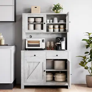 Garvee Freestanding Kitchen Pantry Cabinet with Microwave Stand and Buffet Cupboard Tall Storage with Adjustable Shelves for Kitchen or Dining Room in Grey White and Black Modern Farmhouse Design