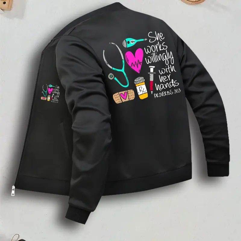 Nurse-Themed Women's Casual Fitted Long Sleeve Jacket with Zipper Closure, Pocket Design, Suitable for Outdoor Styles, Daily Wear & Layering Coats, Womenswear
