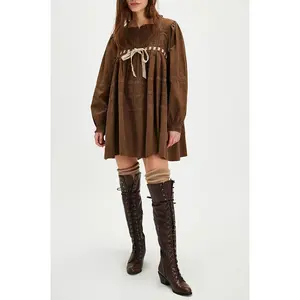 Women Mini Dress, Vintage Long Sleeve Tie-up Patchwork Casual Dress Loose Fall Dress