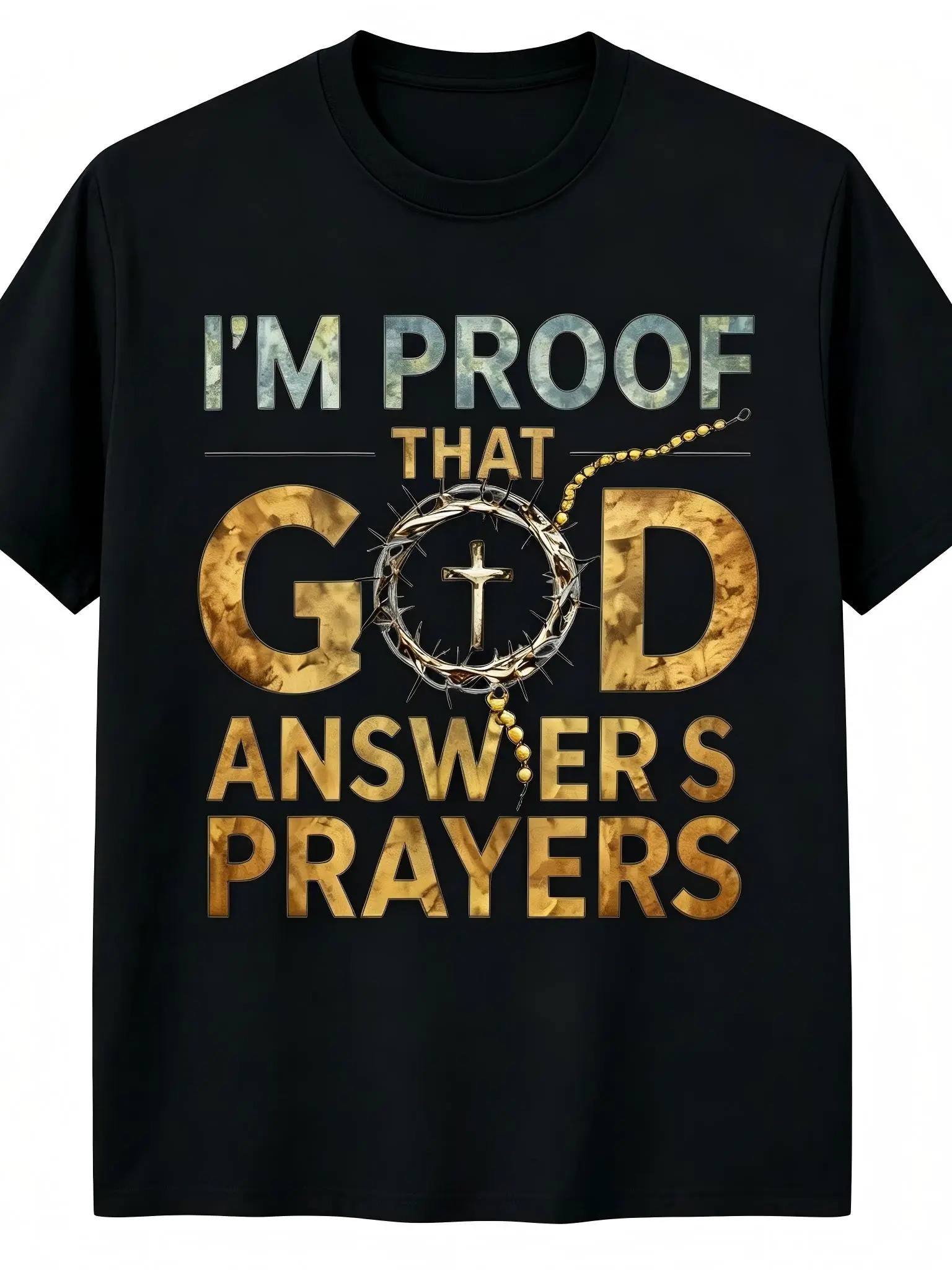 "I'm Proof That God Answers Prayers" Unisex T-Shirt - Thorn Cross Rosary Graphic, Soft Cotton Crew Neck Short Sleeve, Comfortable All-Season Tee, Perfect for Everyday Casual & Testimony Style, Summer Spring, Machine Washable