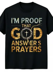 "I'm Proof That God Answers Prayers" Unisex T-Shirt - Thorn Cross Rosary Graphic, Soft Cotton Crew Neck Short Sleeve, Comfortable All-Season Tee, Perfect for Everyday Casual & Testimony Style, Summer Spring, Machine Washable