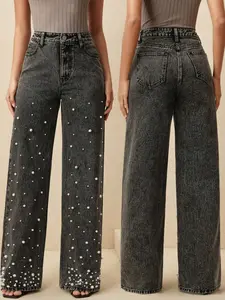 Women's High-End Pearl Starry Denim Jeans, Loose Fit Casual Versatile Straight Leg Pants, Elegant All Seasons Fashion