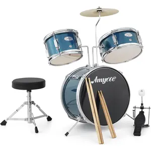 【Christmas Gift】3 Piece Kids Drum Set With Cymbal-2 Drumsticks-Pedal-2 Toms-Throne Stool-Musical Instruments For Boys And Girls,Blue
