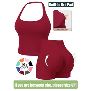 Women's Seamless Halter Neck Yoga Tank Top + Sports Shorts Removable Padded Backless Sports Bra Quick-Dry Running Fitness Bra Set Sexy Yoga Wear for Women Yoga Clothes Set Backless Gym Clothes