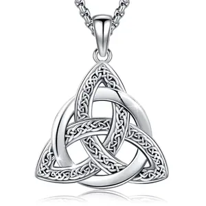 DRINSPER Triquetra Celtic Necklace 925 Sterling Silver Wiccan Jewelry, Celtic Knot Triangle Trinity Pendant, Vintage Viking Celtic Knot with Round Protection Amulet Necklace, Witches Trinity Knot Pendant Gift with Steel Chain For Man Women