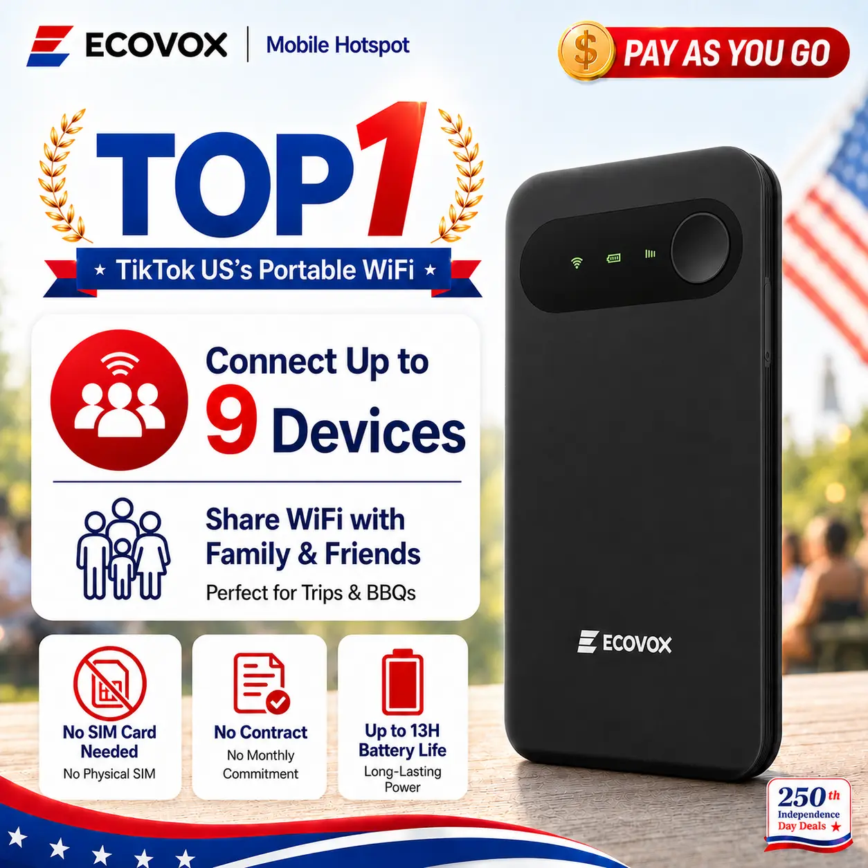 【Summer Sale】ECOVOX Portable WiFi Hotspot 4G LTE, Pay-as-You-Go Wireless Internet Device, No Contract, Multi-Carrier Support, Connect 9 Devices, Free 1GB Data for Travel, Campers, Road Trips, Truckers