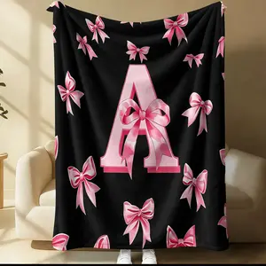Initial Letter A-Z Flannel Blanket, Black Pink Bow Girly Throw Blanket, Cute Preppy Warm Blanket for Teen Girls Women, Soft Cozy Aesthetic Gift Blanket, Ideal for Couch Bed Sofa Dorm Office Nap