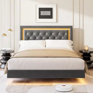Gaomon Queen Size Floating Upholstered Platform Bed Frame with Smart LED Lights, Diamond Headboard, Solid Wood Slats Support, No Box Spring Needed, Noise-Free, Easy Assembly, Grey, Bed Frames for Queen