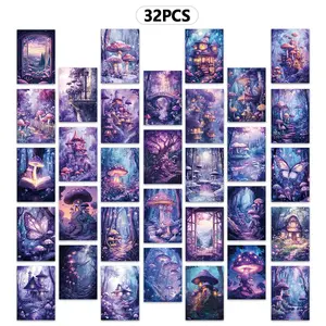 Fairy Mushroom Pattern Postcard, 32pcs/set Fantasy Forest Themed Postcard, Wall Decor Card, Wall Sticker, Message Card, Postcard, No Accessories